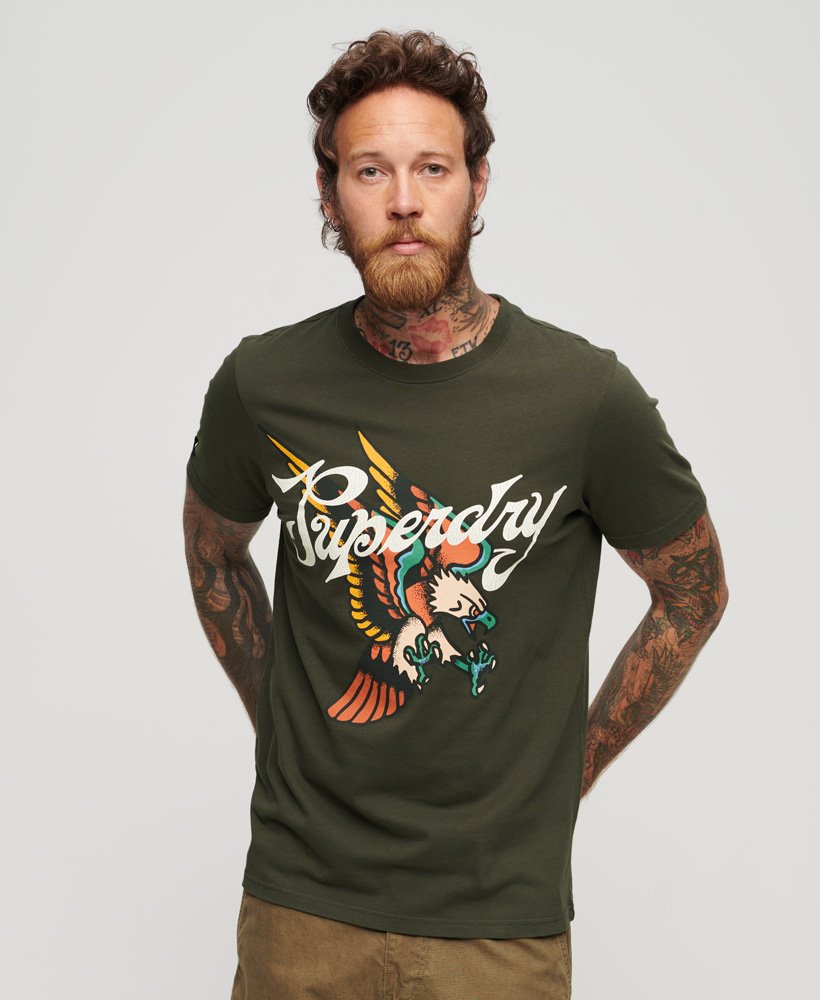 tattoo script print op de voorkant t-shirt in donkergrijsgroen
