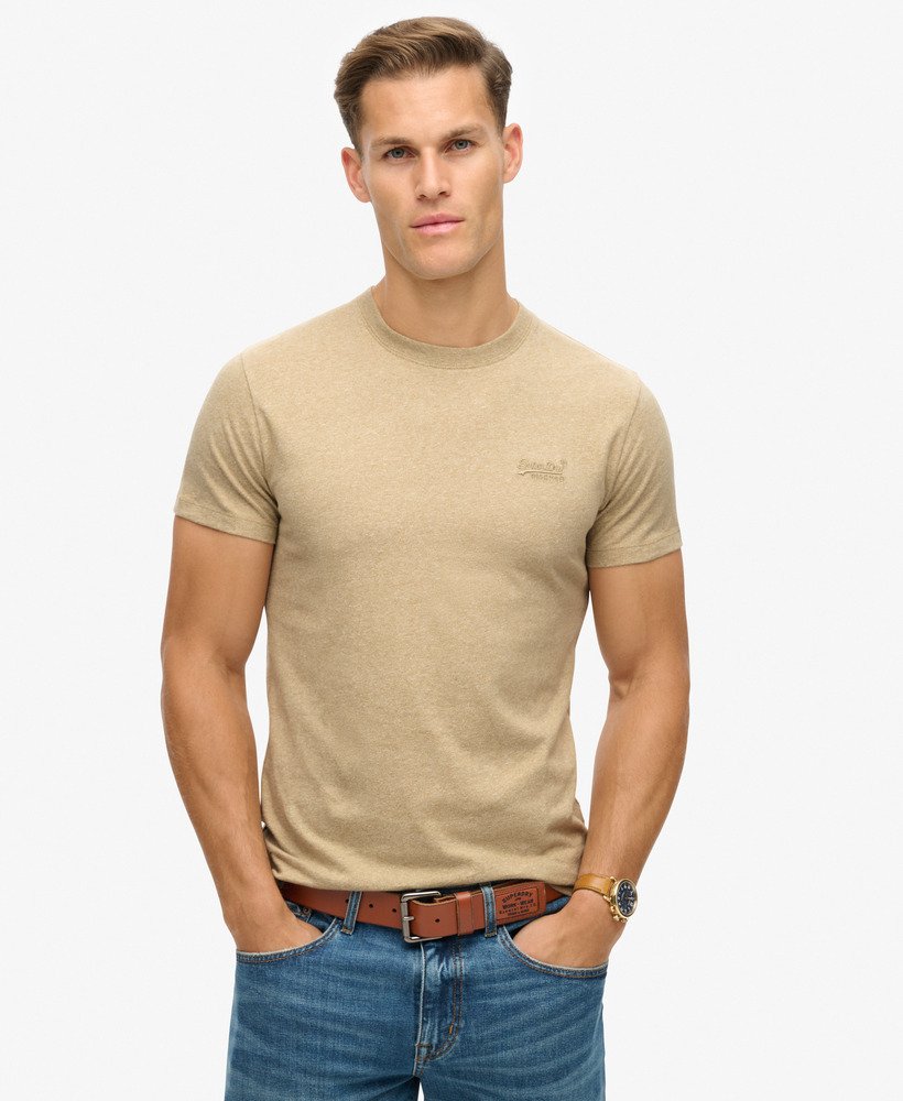 t-shirt met essential-logo van biologisch katoen in beige met bruine spikkels.
