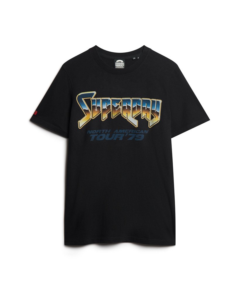 t-shirt met grafische print van een rockband uit de jaren 70 in zwart.
