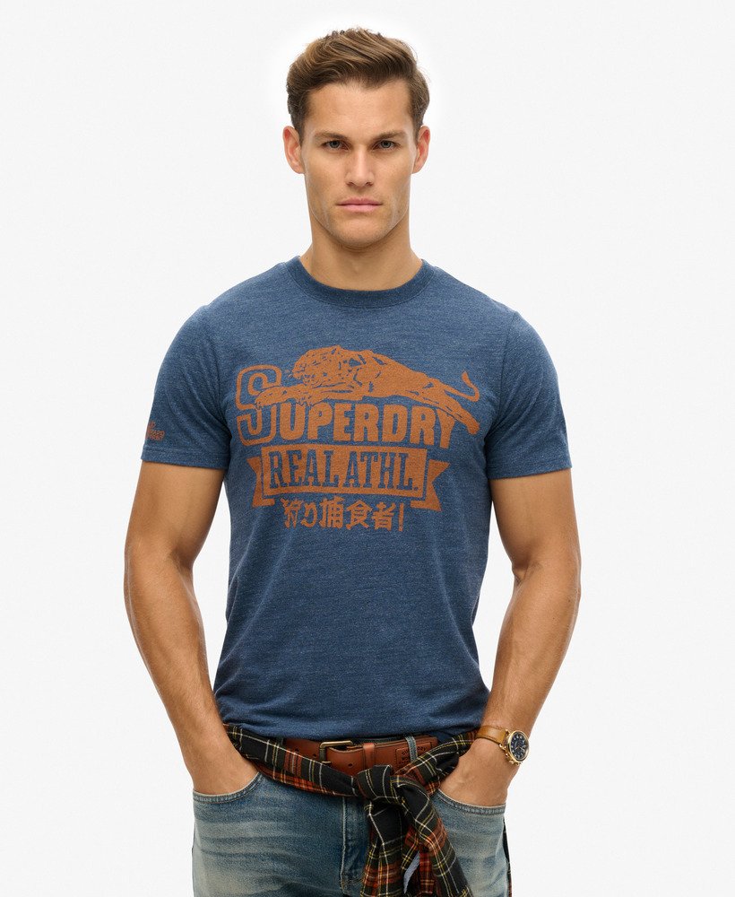 sportief college grafisch t-shirt in zwart-blauw gemêleerd