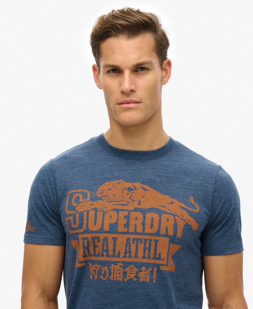 sportief college grafisch t-shirt in zwart-blauw gemêleerd