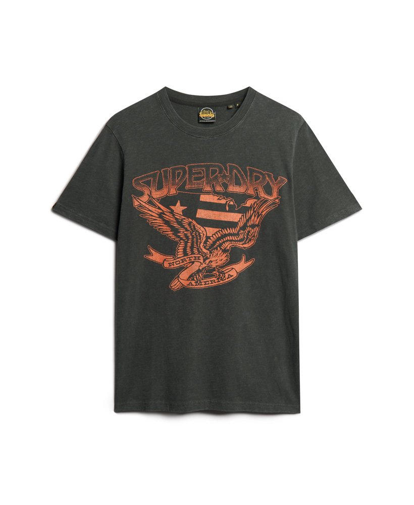 t-shirt met grafische print van een band in lo-fi-stijl uit de jaren 70 in gewassen zwart met een grove structuur.