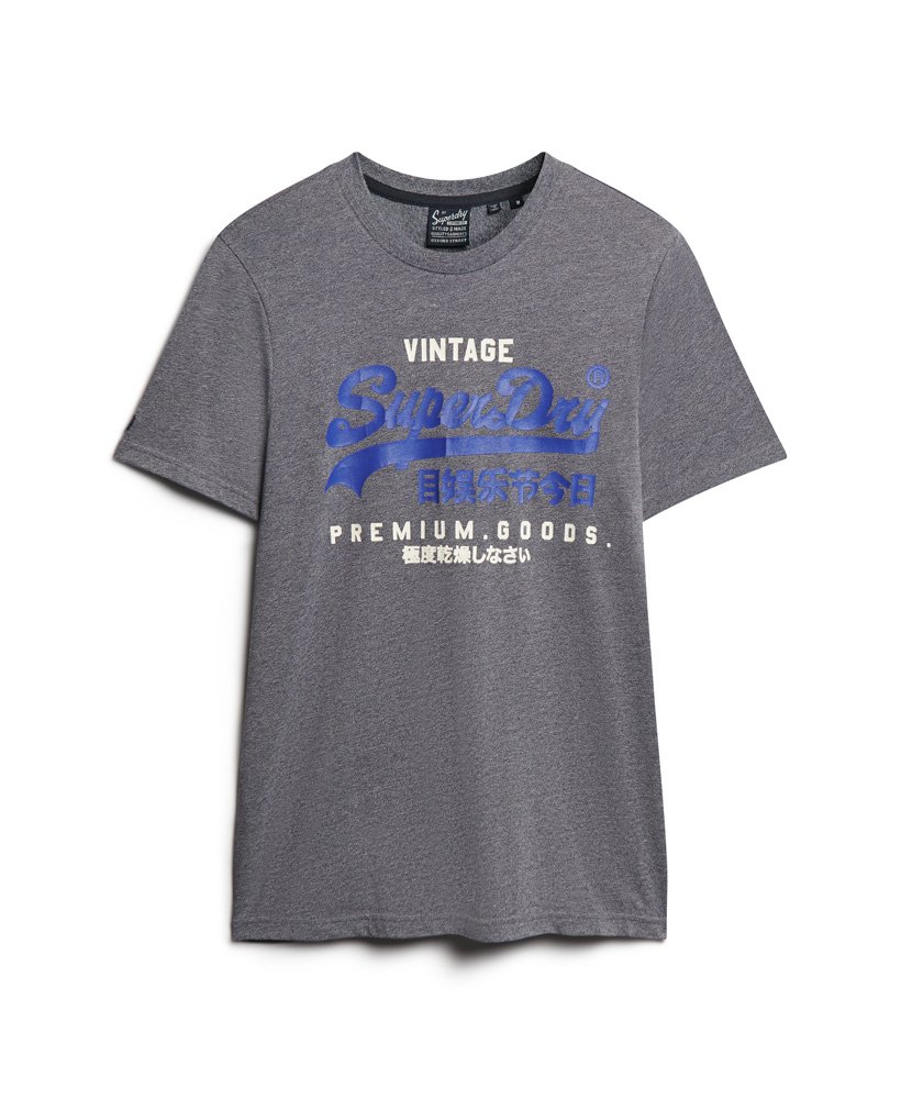 klassiek vintage logo heritage t-shirt in middernachtblauw met een korrelige afwerking.