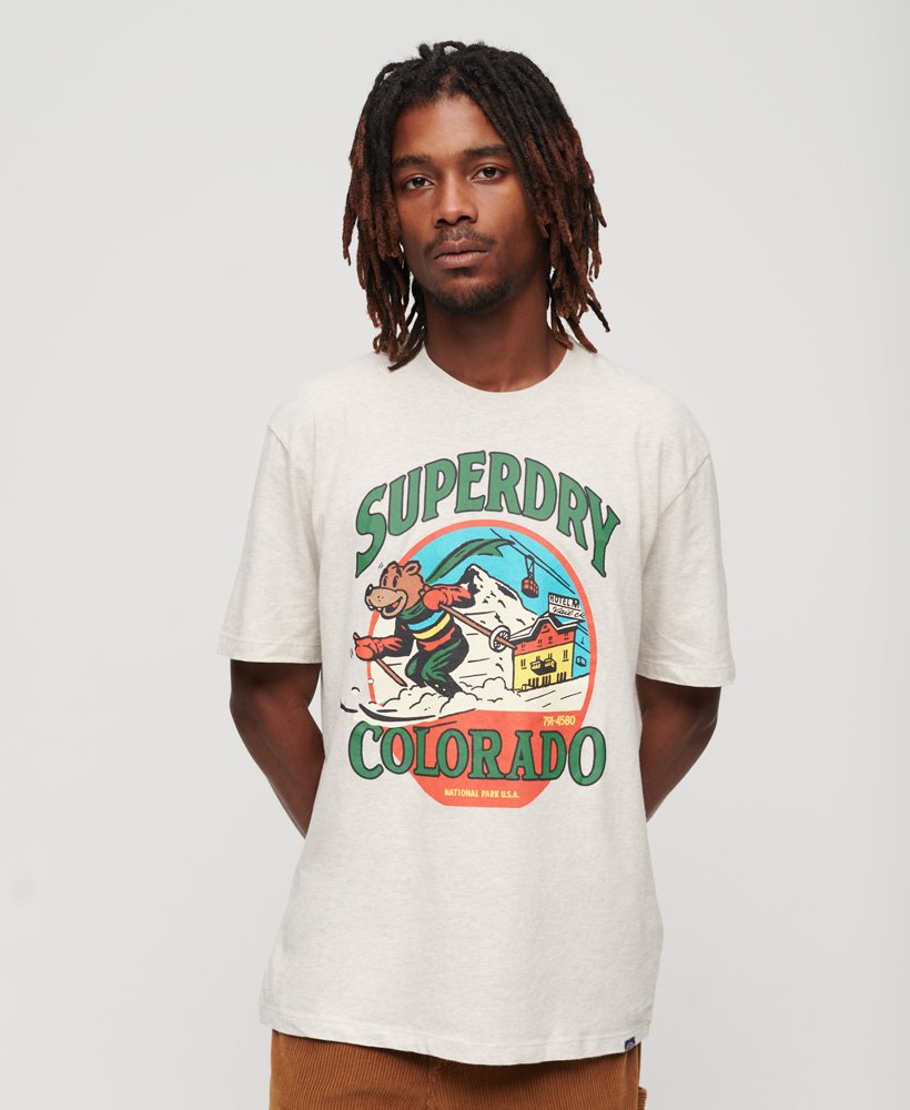 t-shirt met reisansichtkaartprint in havercrème gemêleerd.