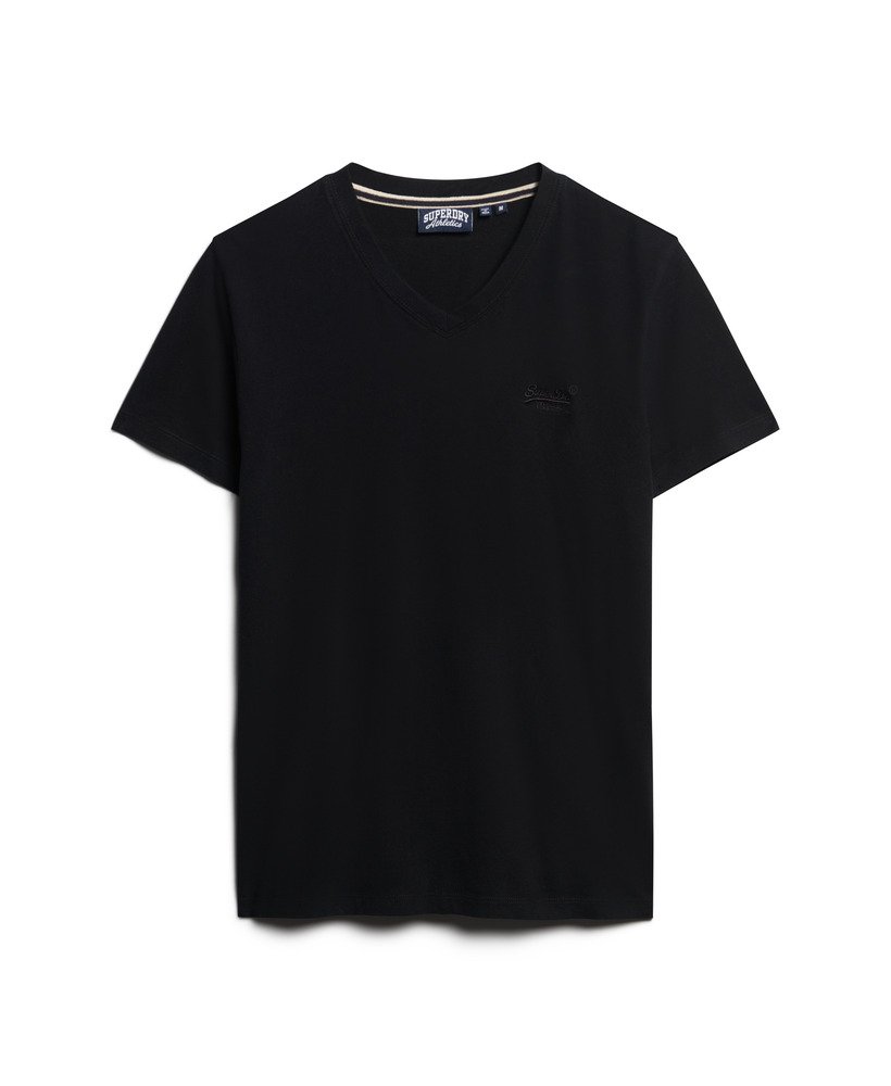 biologisch katoenen t-shirt met geborduurd logo en v-hals in zwart.