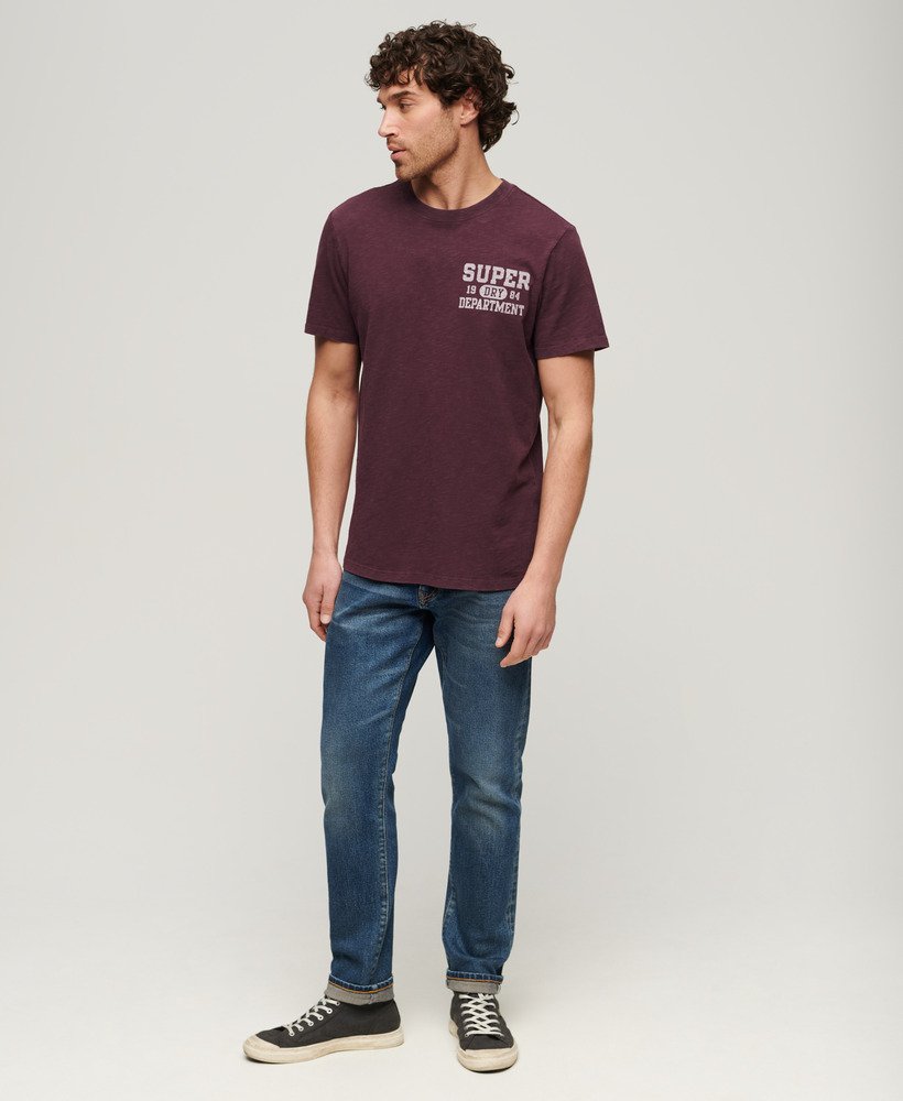 grafisch t-shirt van athletic college in vijgpaarse slubstof.
