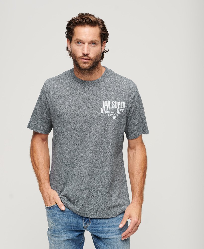 werkkleding t-shirt met grafische print op de borst in mat marineblauw met korrelstructuur.