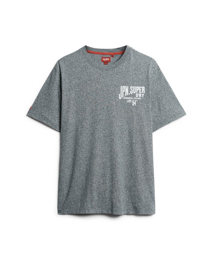 werkkleding t-shirt met grafische print op de borst in mat marineblauw met korrelstructuur.