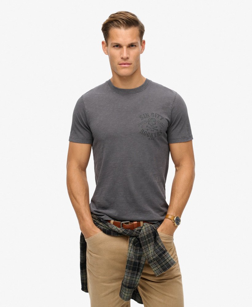 retro rock t-shirt met graphic print in antracietgrijs.