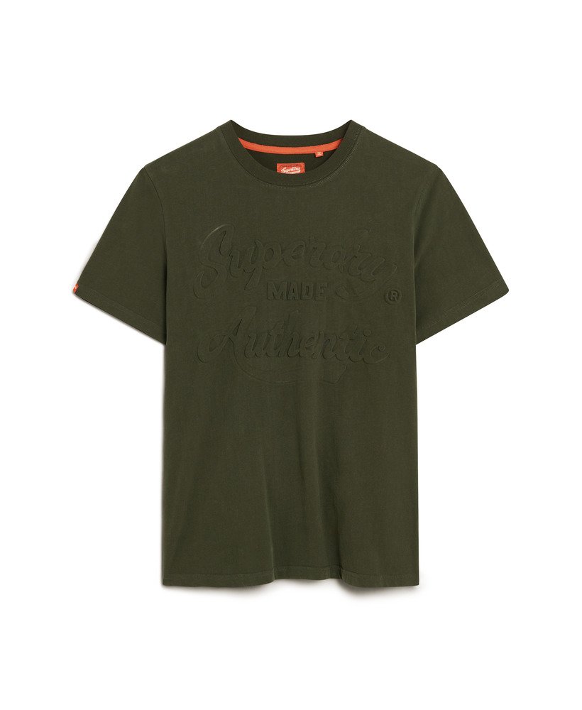 t-shirt met reliëf en archiefprint in olijfgroen afkomstig uit overtollige voorraad.