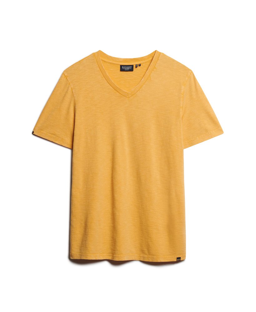 t-shirt met v-hals en korte mouwen van slubstof in woestijnokergeel