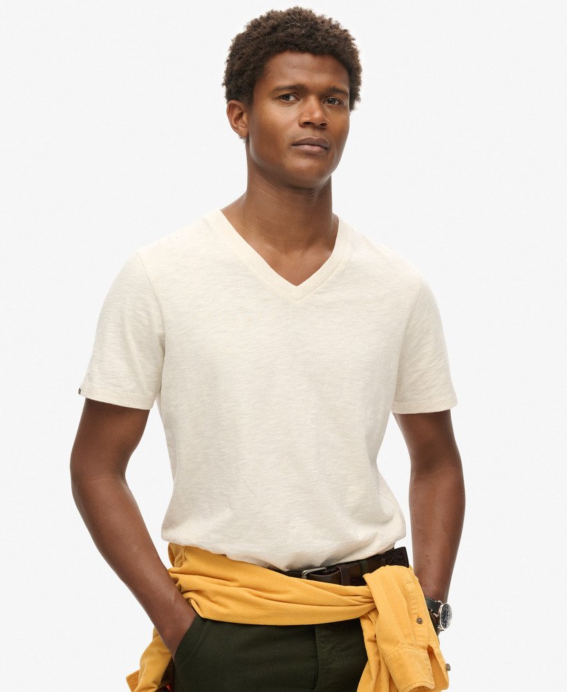 t-shirt met v-hals en korte mouwen van gemêleerde havercrème