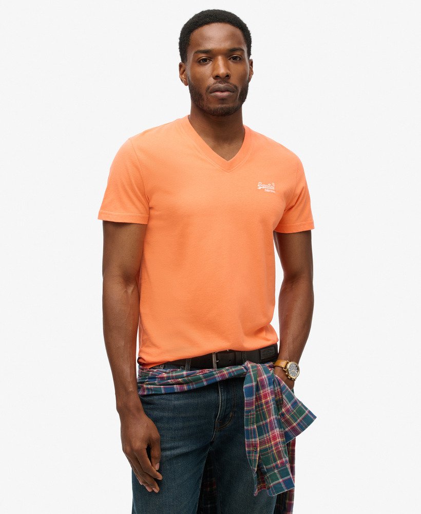 t-shirt met v-hals en essential-logo van biologisch katoen in sunburst coral.