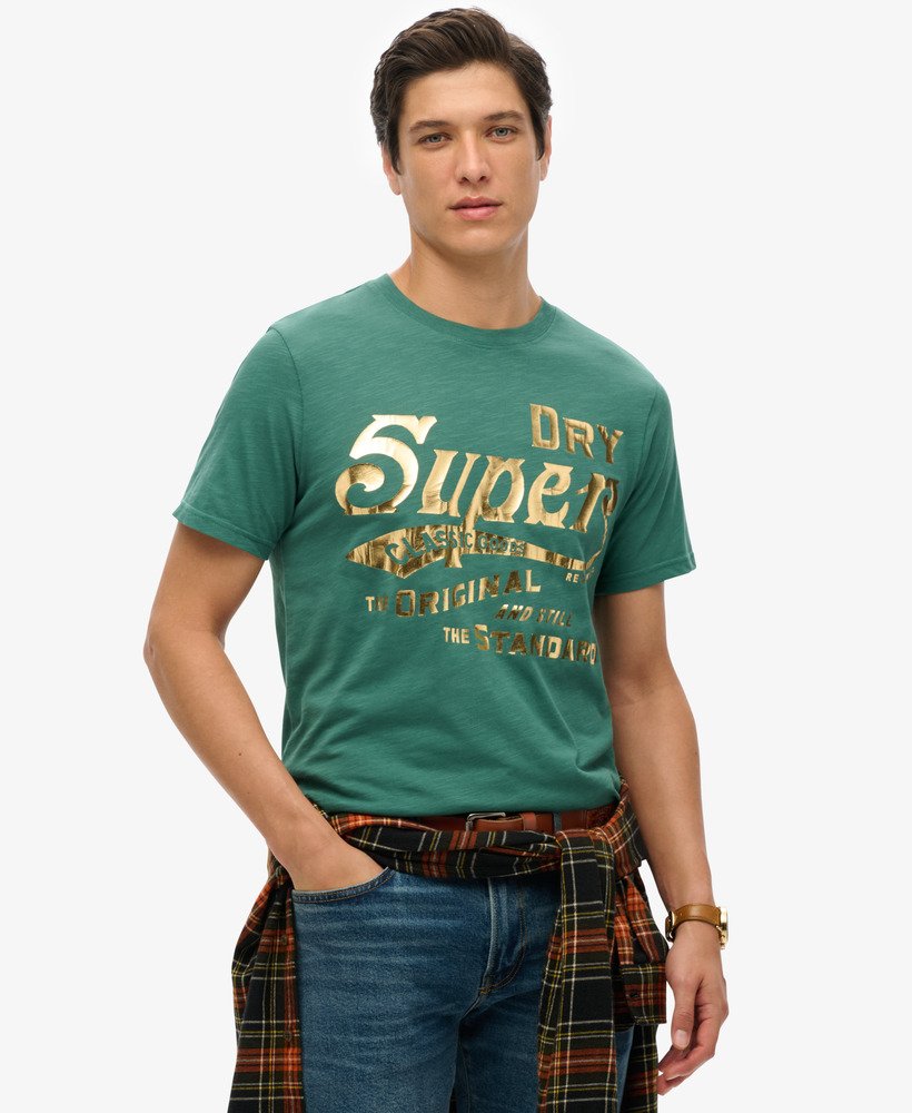 metallic werkshirt met grafische print in dennengroene slub