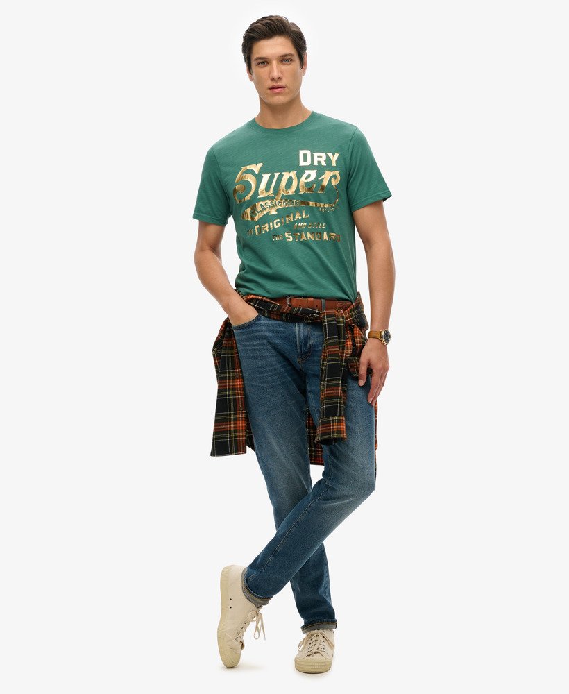 metallic werkshirt met grafische print in dennengroene slub