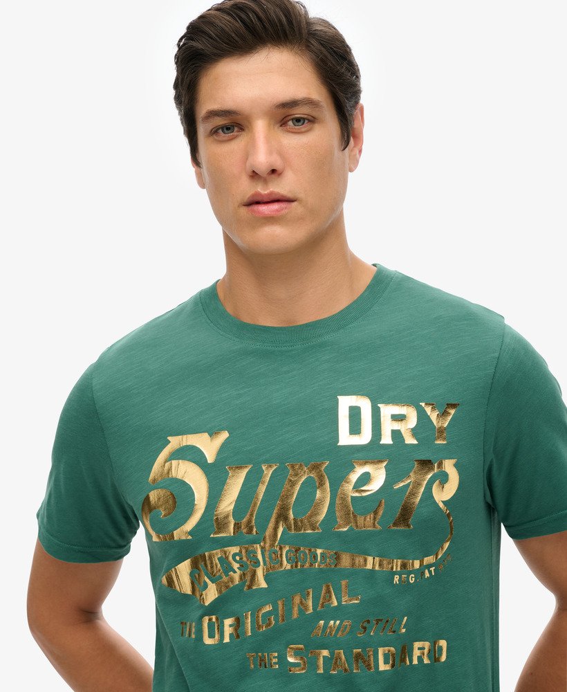 metallic werkshirt met grafische print in dennengroene slub