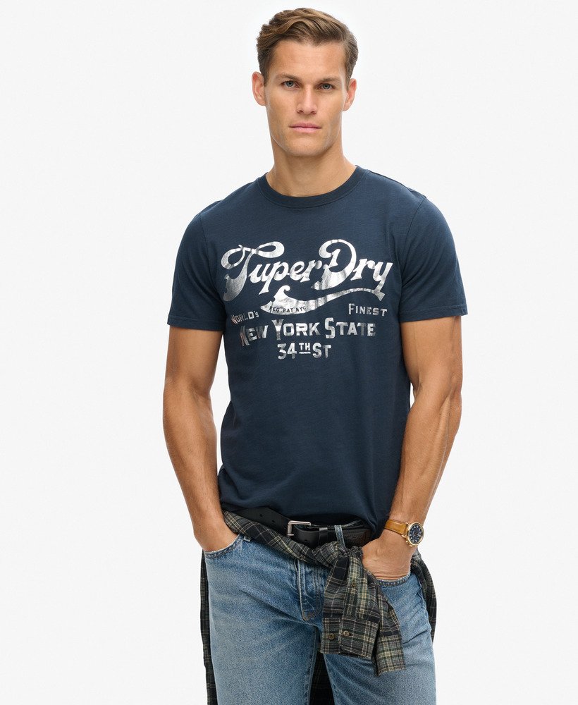 metallic workwear graphic t-shirt in eclipse navy slub