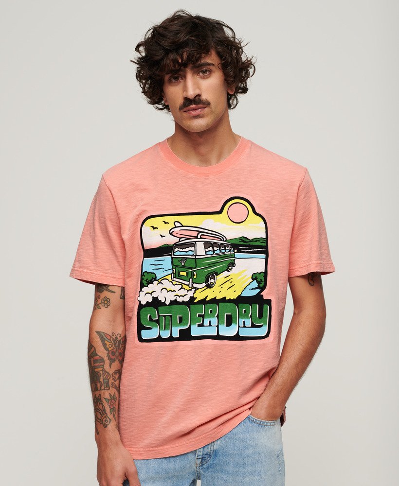 neon t-shirt met reisprint en losse pasvorm in perzikrozeamberkleurige structuur.