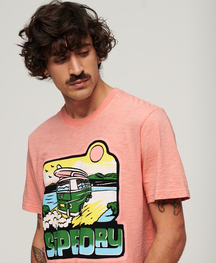 neon t-shirt met reisprint en losse pasvorm in perzikrozeamberkleurige structuur.