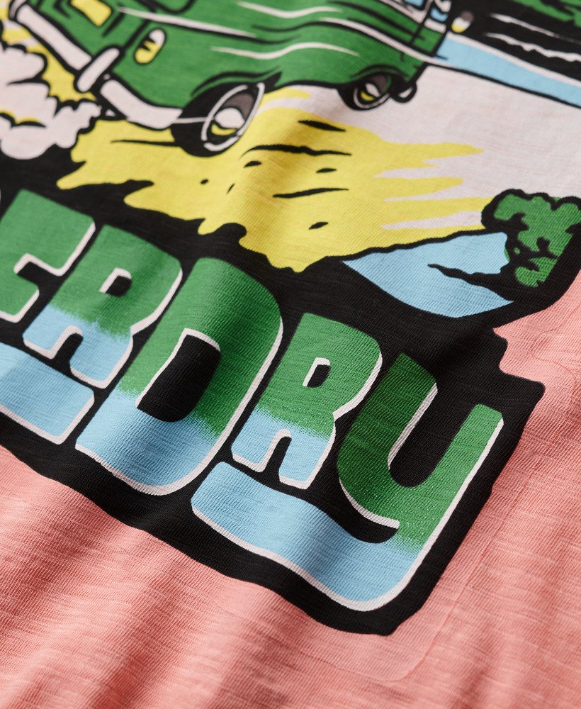 neon t-shirt met reisprint en losse pasvorm in perzikrozeamberkleurige structuur.