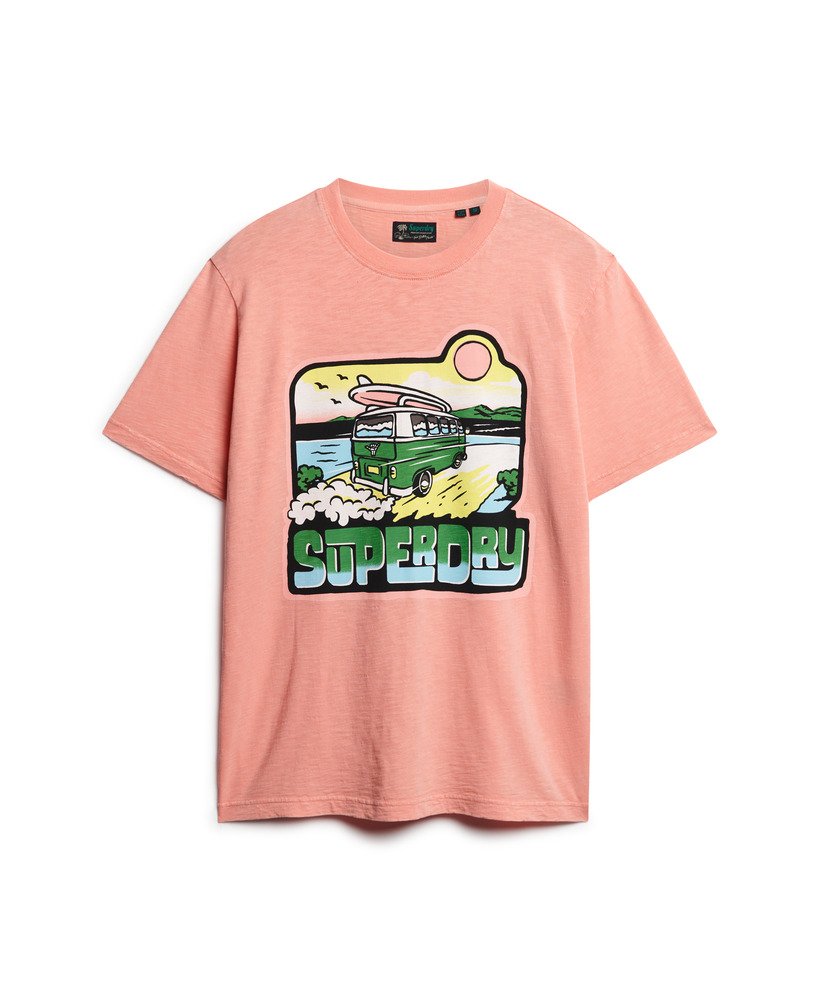 neon t-shirt met reisprint en losse pasvorm in perzikrozeamberkleurige structuur.