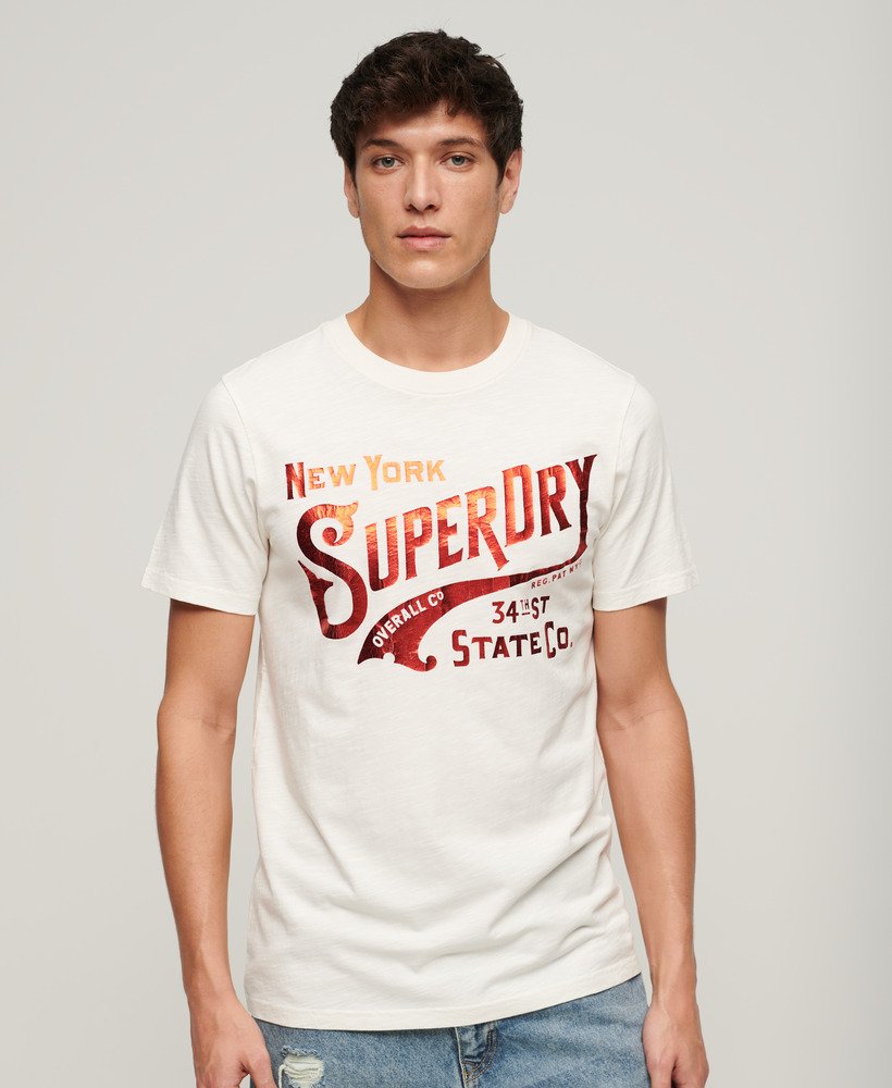 metallic werkshirt met grafische print in winterwit met structuurverf.