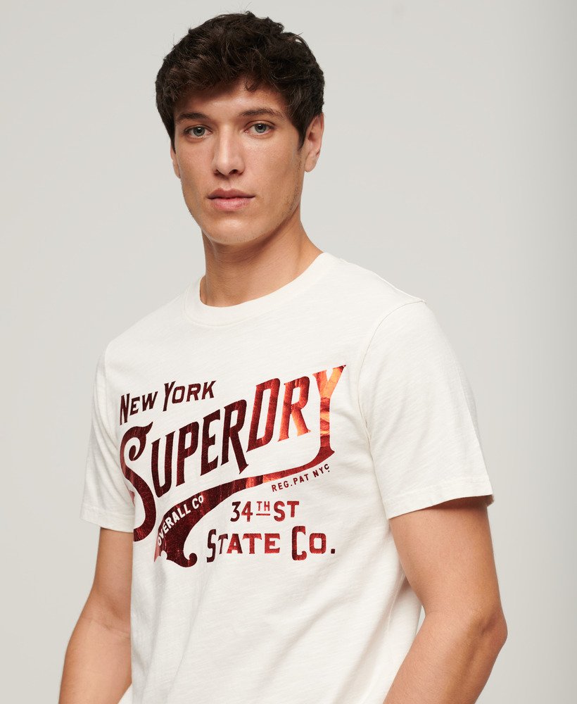 metallic werkshirt met grafische print in winterwit met structuurverf.