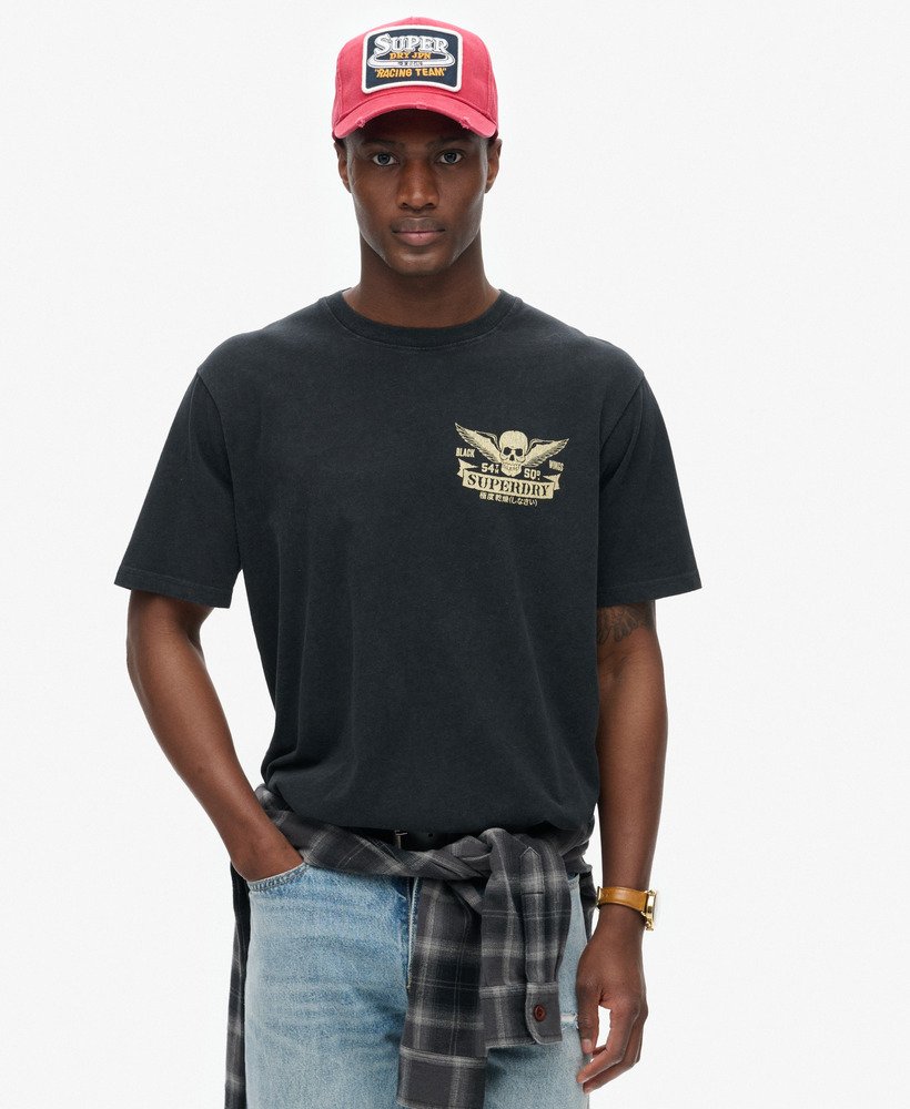 biker rock graphic loose t-shirt in heavy metal black
