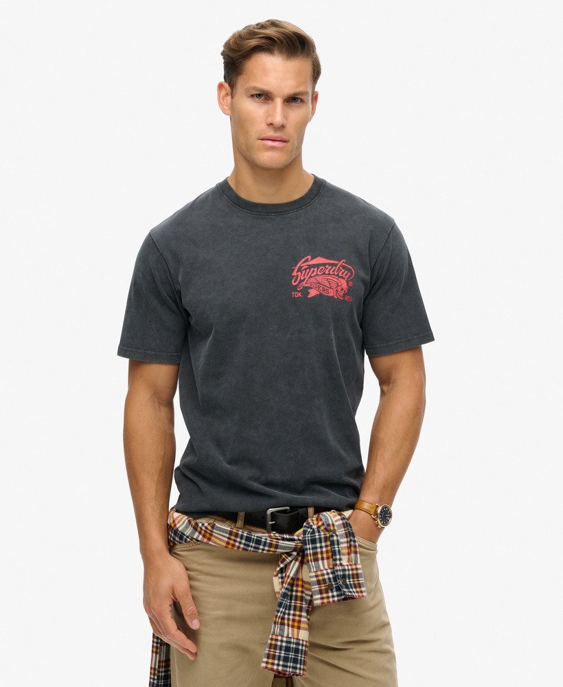 biker rock graphic loose t-shirt met middelhoge rug in zwart