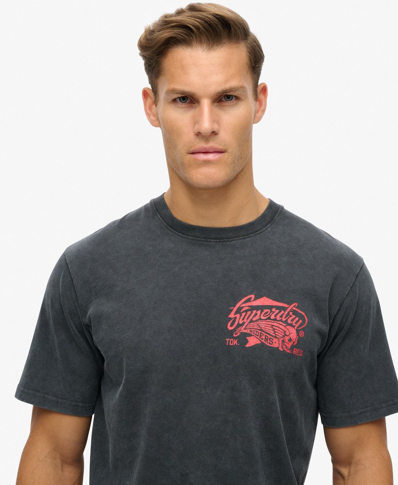 biker rock graphic loose t-shirt met middelhoge rug in zwart