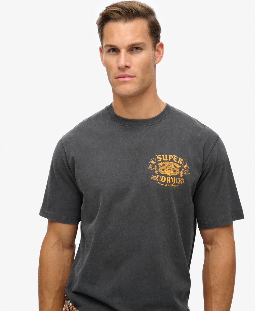 biker rock graphic loose t-shirt in light viper black
