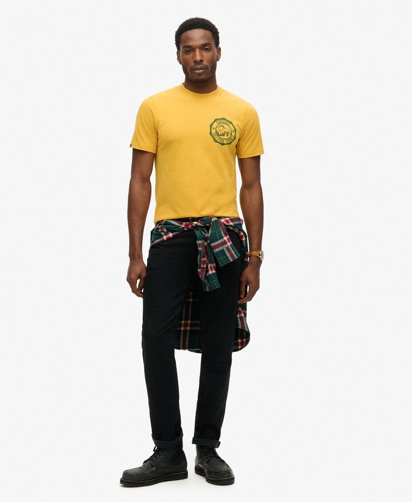 outdoor t-shirt met grafische print in mosterdgeel gemêleerd