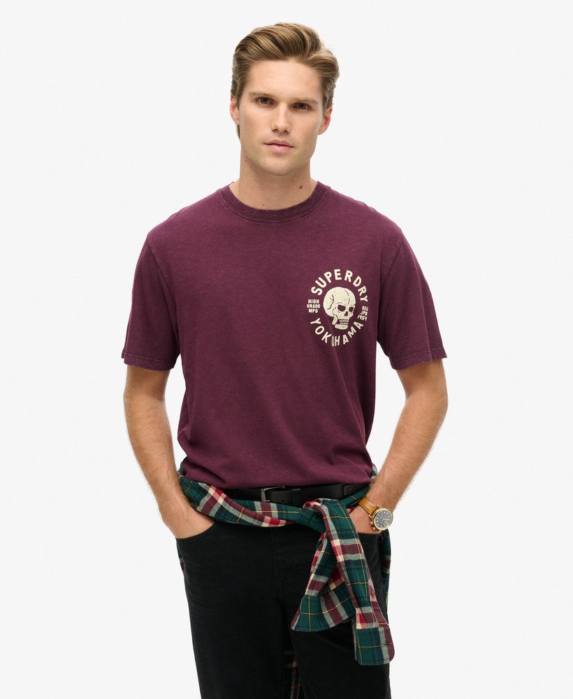 biker t-shirt met grafische print losvallend model in vijgpaarse slubstof.