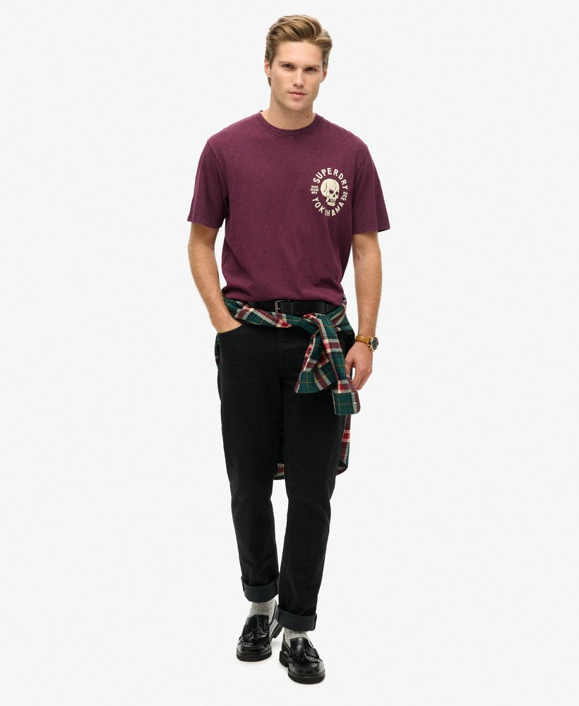 biker t-shirt met grafische print losvallend model in vijgpaarse slubstof.