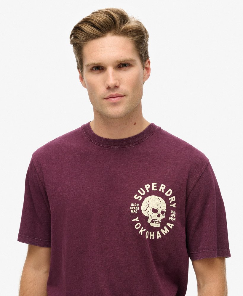 biker t-shirt met grafische print losvallend model in vijgpaarse slubstof.