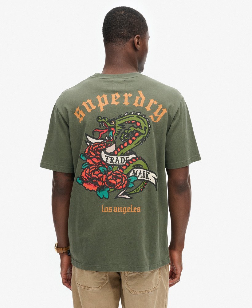 tattoo back graphic loose t-shirt in dark grey green