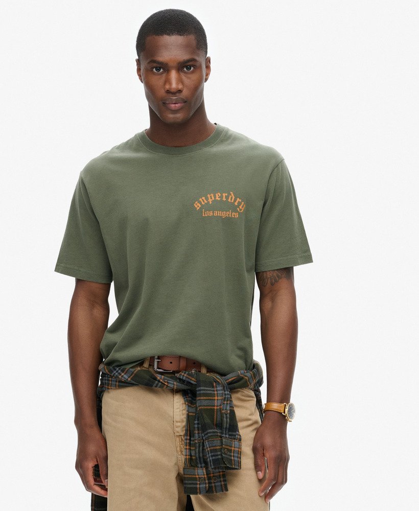 tattoo back graphic loose t-shirt in dark grey green