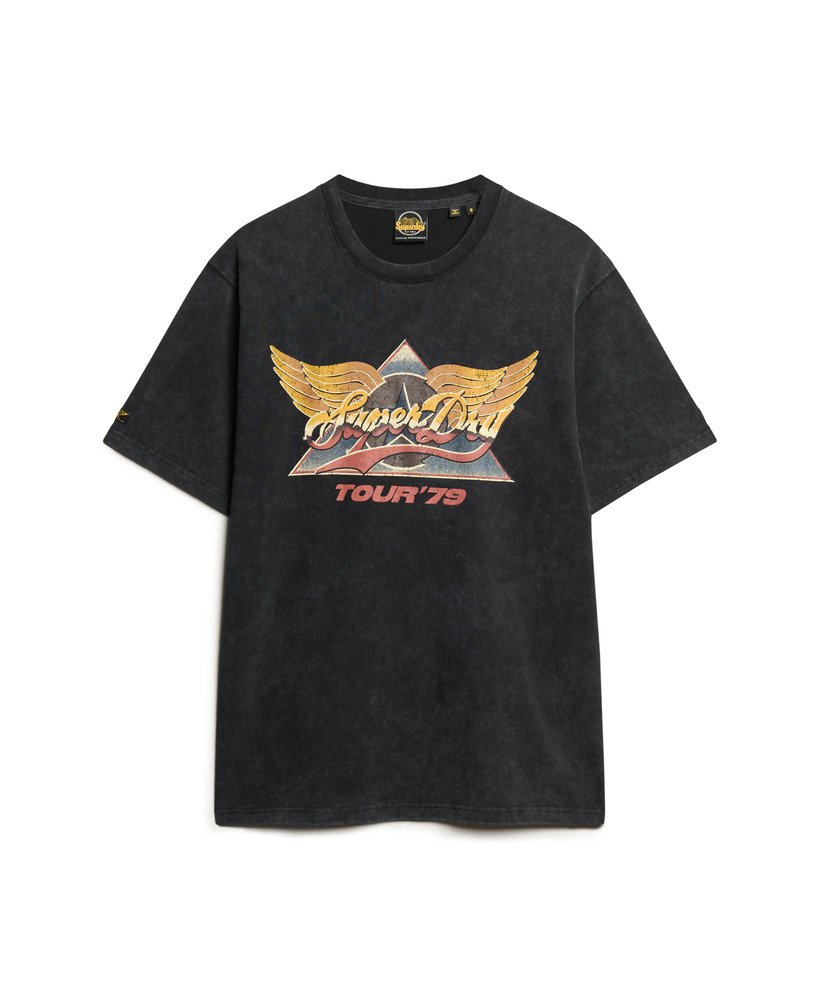 t-shirt met grafische print van een rockband uit de jaren 70 in gitzwart.