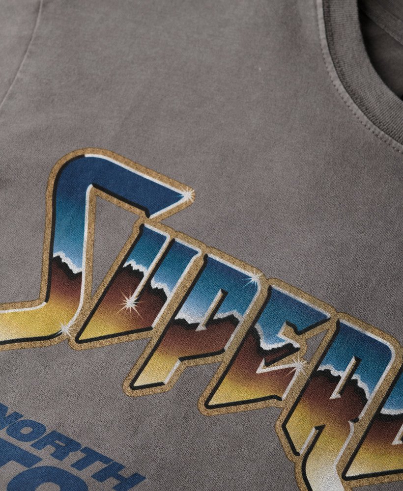 t-shirt met grafische print van een rockband uit de jaren 70 in donkergrijs.