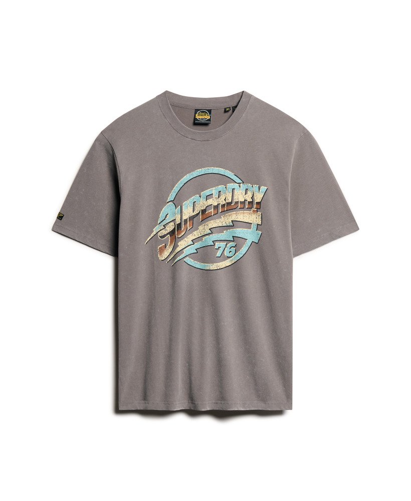 t-shirt met grafische print van een rockband uit de jaren 70 in donkergrijs.