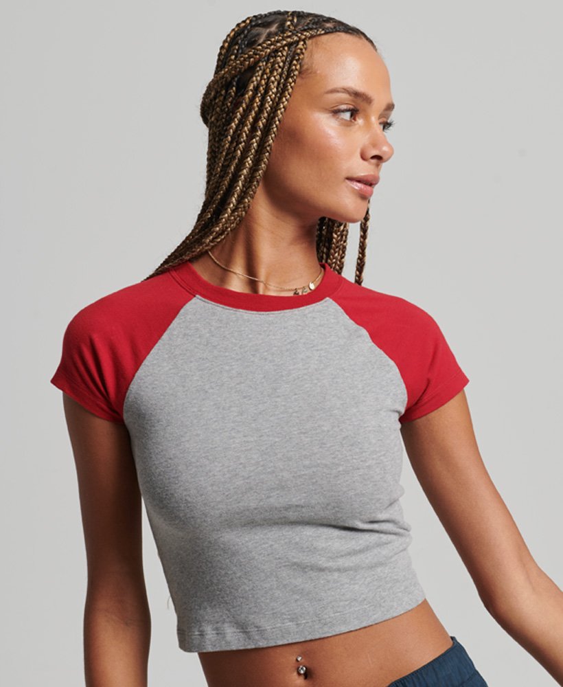 biologisch katoenen cropped baseball t-shirt in grijs gemêleerdrood