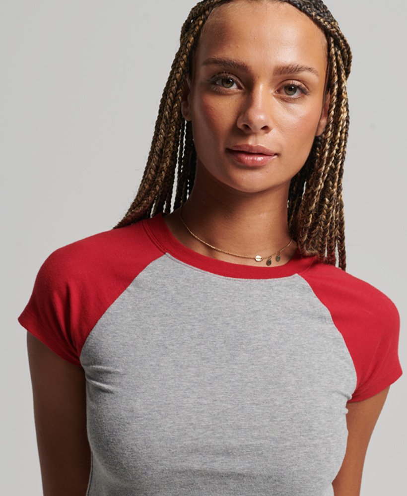 biologisch katoenen cropped baseball t-shirt in grijs gemêleerdrood