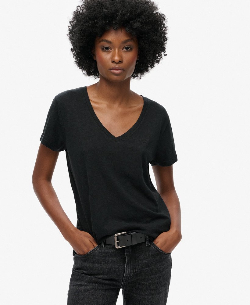 geborduurd t-shirt met v-hals en slub-print in zwart