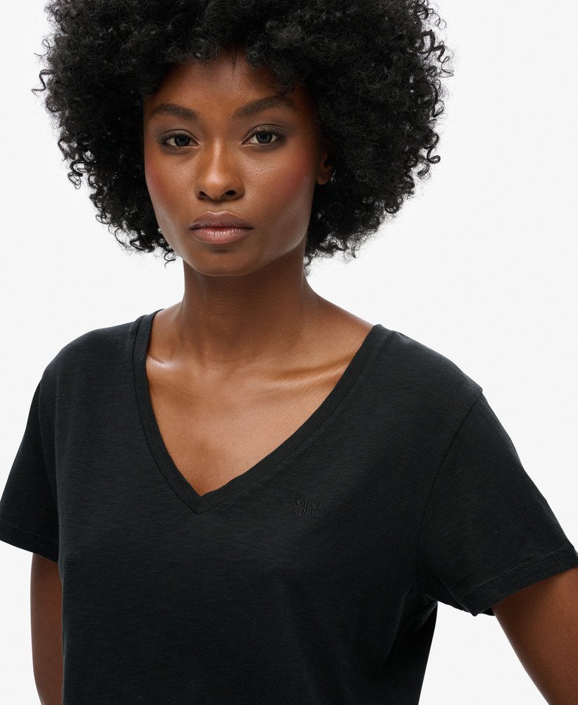 geborduurd t-shirt met v-hals en slub-print in zwart