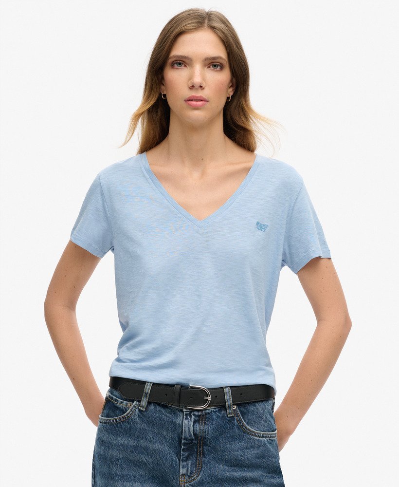 geborduurd t-shirt met v-hals en slub-structuur in forever blue