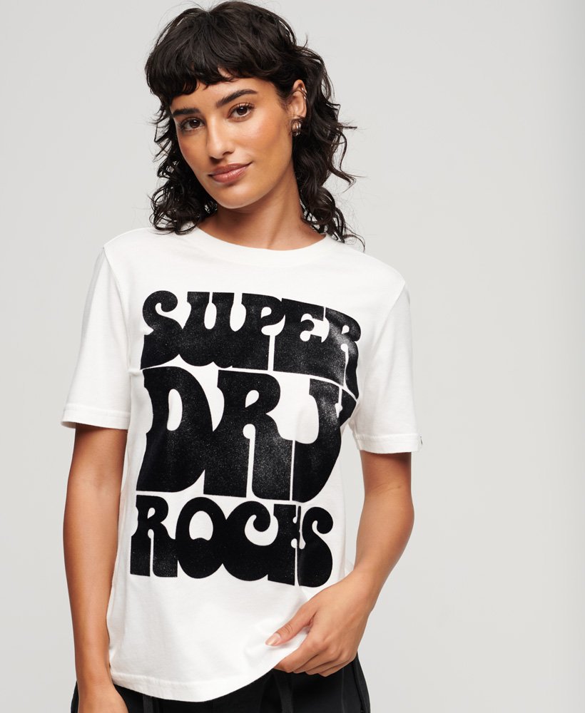 retro rocklogo t-shirt uit de jaren 70 in ecru