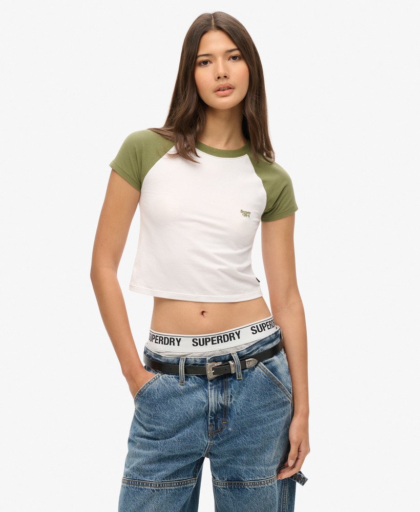 korte baby-t-shirt in baseballstijl in optischolijfkleurig kaki
