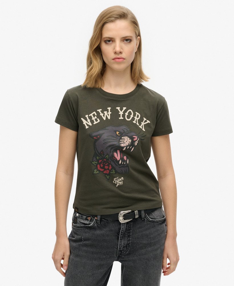 tattoo graphic 90s fit t-shirt in donkergrijsgroen