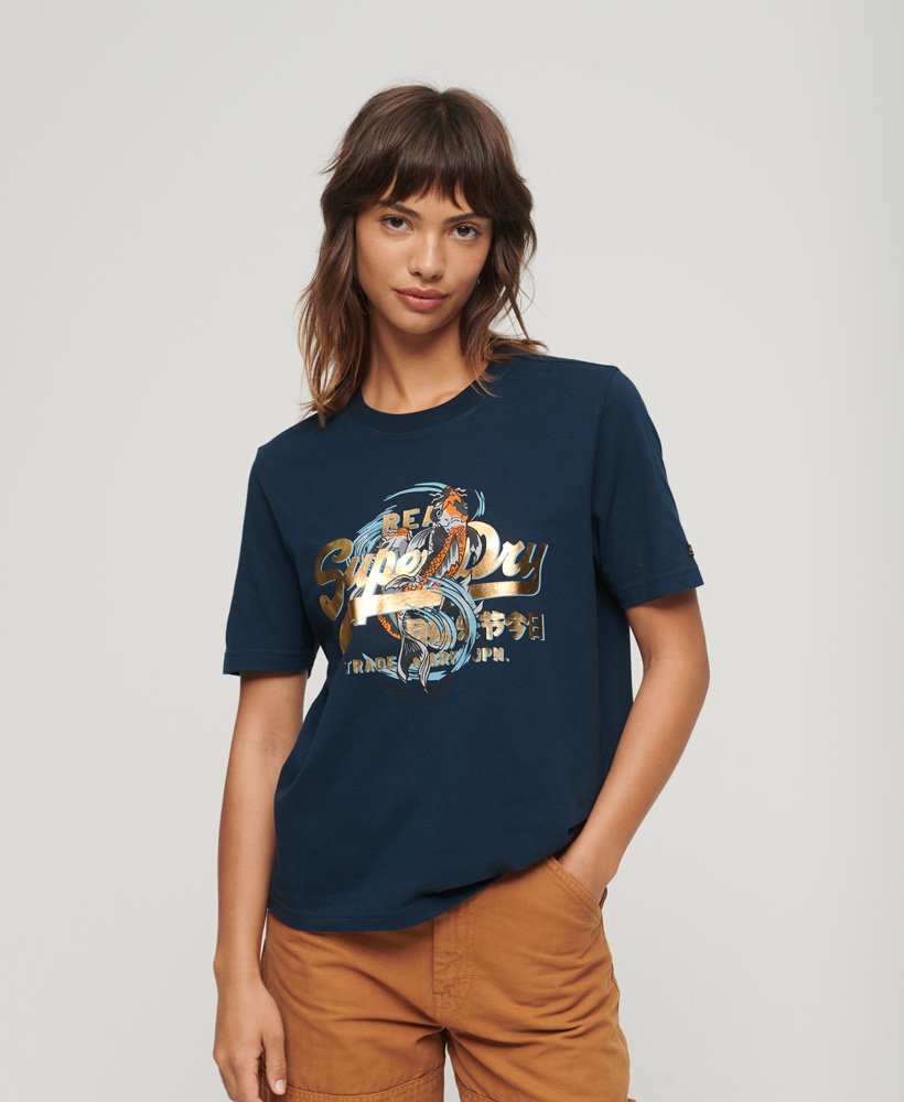t-shirt met vintage japans logo in donkerblauw