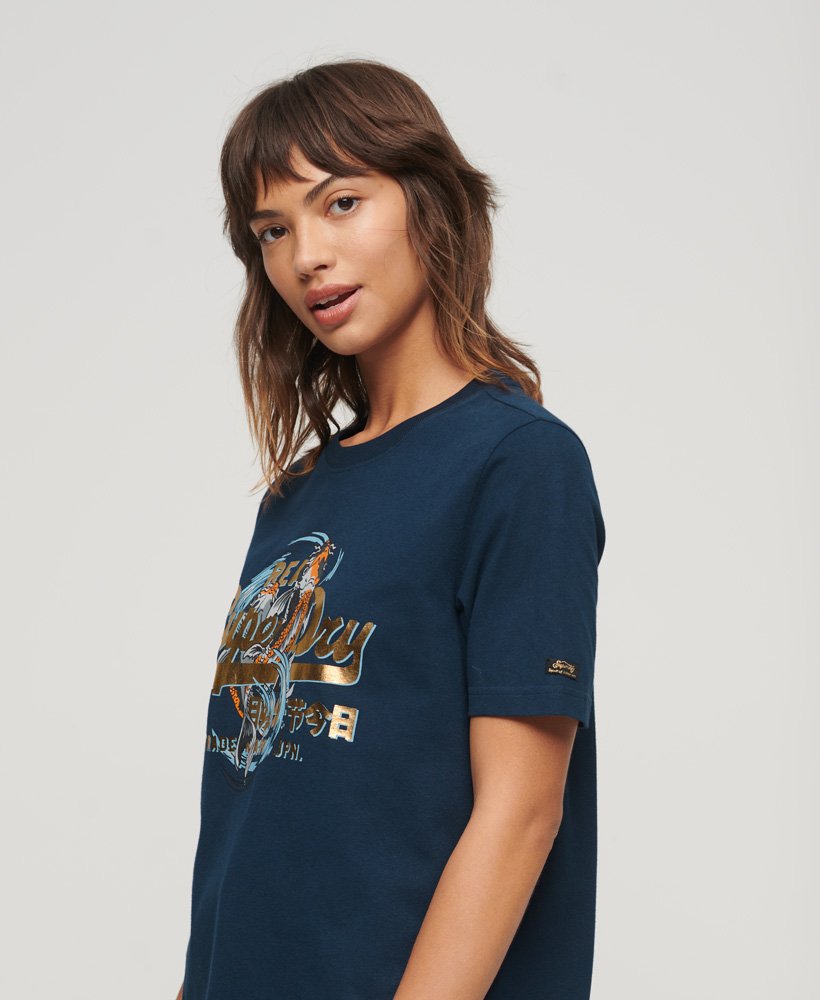 t-shirt met vintage japans logo in donkerblauw